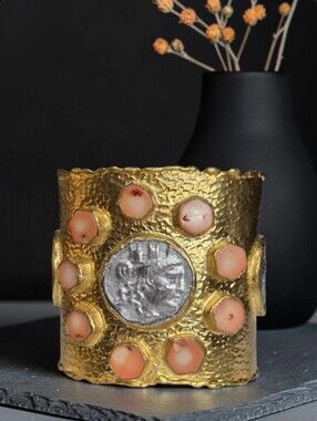 18k Matte Gold Plated Hammered Ancient Roman Coin & Raw Carnelian Cuff Bracelet